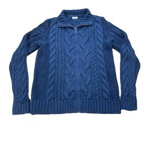 LL Bean Full Zip Chunky Cable Knit Sweater Womens M Blue Mock Neck Fisherman